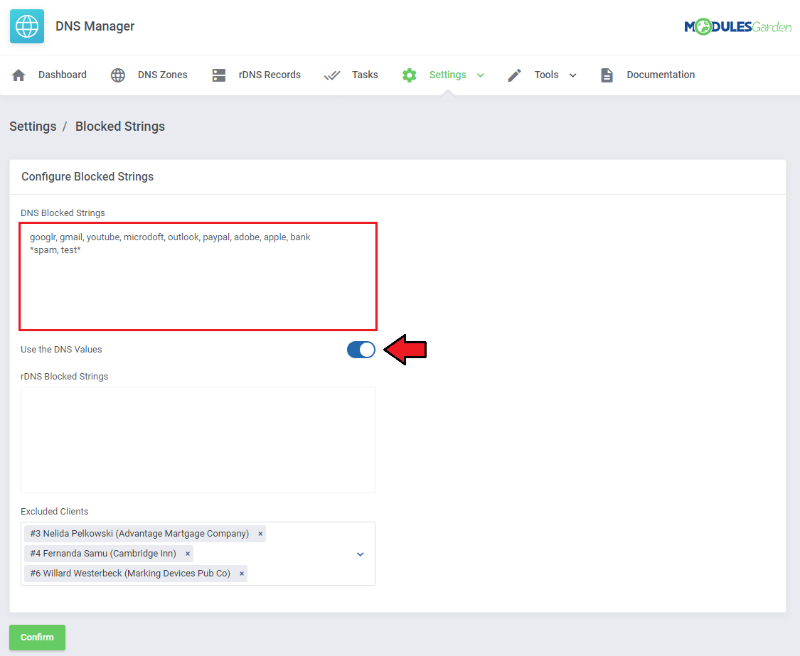 DNS Manager For WHMCS: Blocked Strings page with a DNS strings list and the Use the DNS Values switch turned on