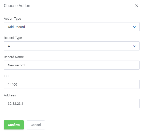 DNS Manager For WHMCS: Bulk Management Add Record action with record type, name, TTL and address fields