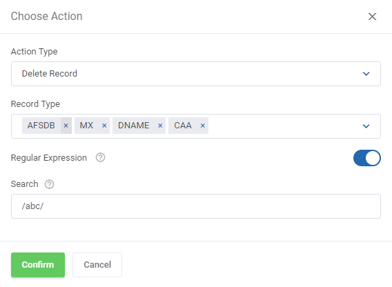 DNS Manager For WHMCS: Bulk Management Delete Record action with record types and a regular expression search