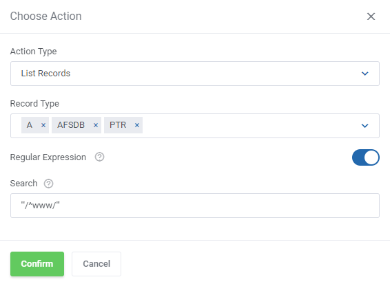 DNS Manager For WHMCS: Bulk Management List Records action with record types and a regular expression search