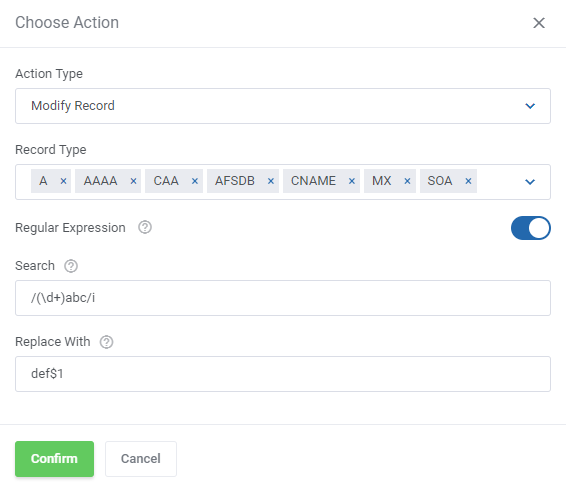 DNS Manager For WHMCS: Bulk Management Modify Record action with regular expression search and Replace With fields
