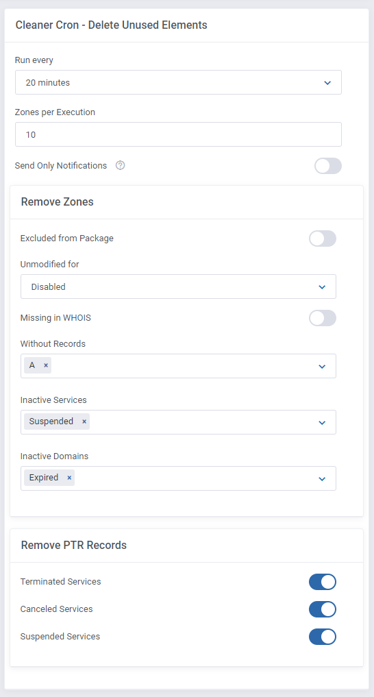 DNS Manager For WHMCS: Cleaner cron box with Remove Zones options and Remove PTR Records toggles for service statuses