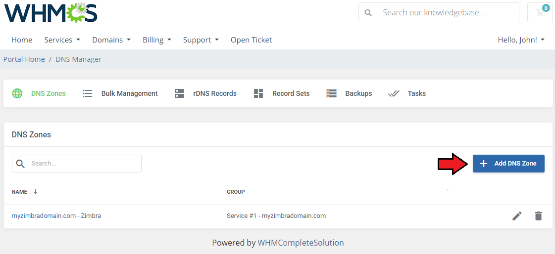 DNS Manager For WHMCS: WHMCS client area DNS Zones list with the Add DNS Zone button