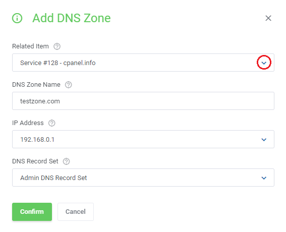 DNS Manager For WHMCS: Add DNS Zone form in the client area with related service, zone name and IP address list