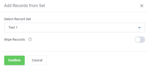DNS Manager For WHMCS: Add Records from Set dialog with a record set selector and the Wipe Records switch turned off