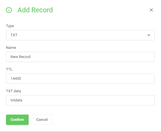 DNS Manager For WHMCS: Add Record dialog in the client area with Type, Name, TTL and TXT data fields