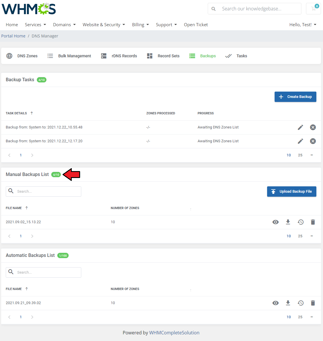 DNS Manager For WHMCS: client area Backups page with Backup Tasks, Manual Backups List and Automatic Backups List