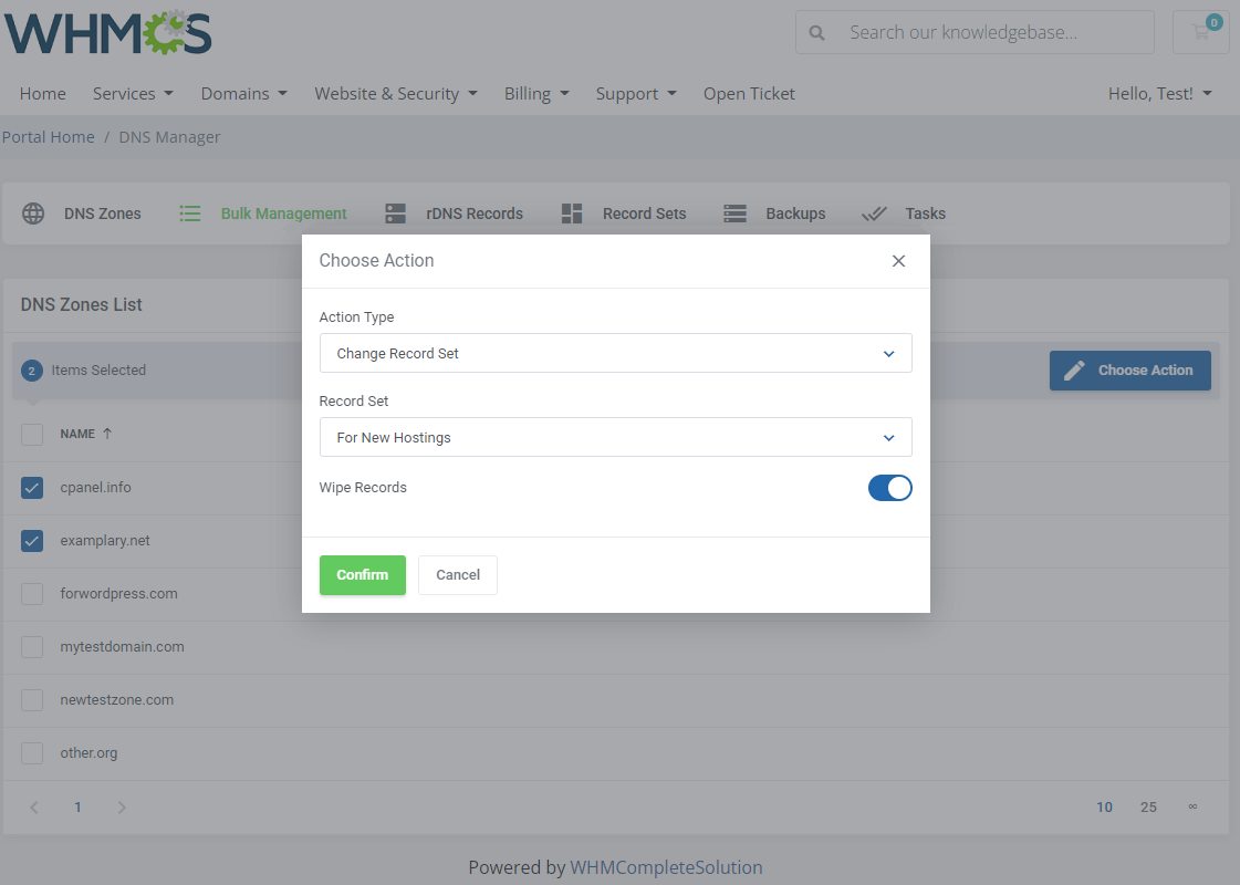 DNS Manager For WHMCS: client area Bulk Management with two zones selected and the Choose Action dialog to change