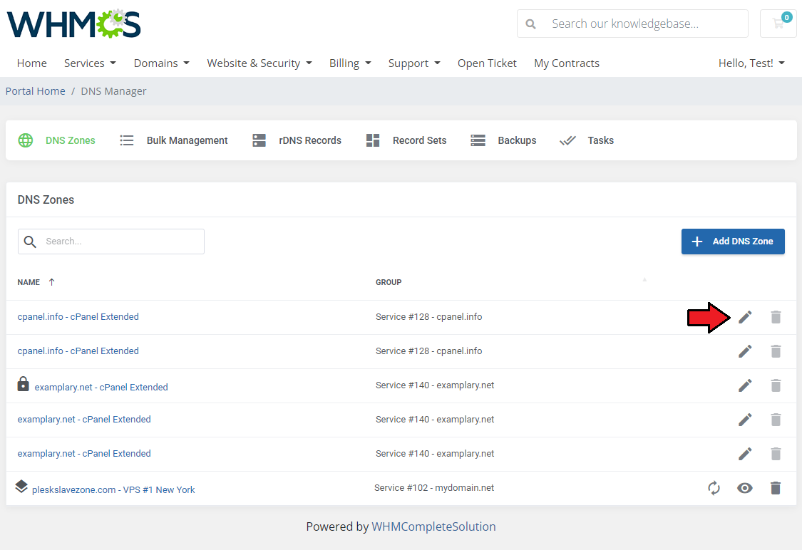 DNS Manager For WHMCS: client area DNS Zones table with the edit icon marked next to a zone