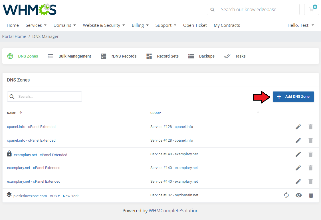 DNS Manager For WHMCS: client area DNS Zones list in a single table with the Add DNS Zone button