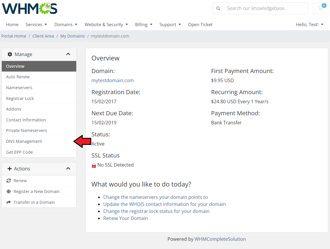 DNS Manager For WHMCS: WHMCS client area domain overview with the DNS Management link in the Manage menu