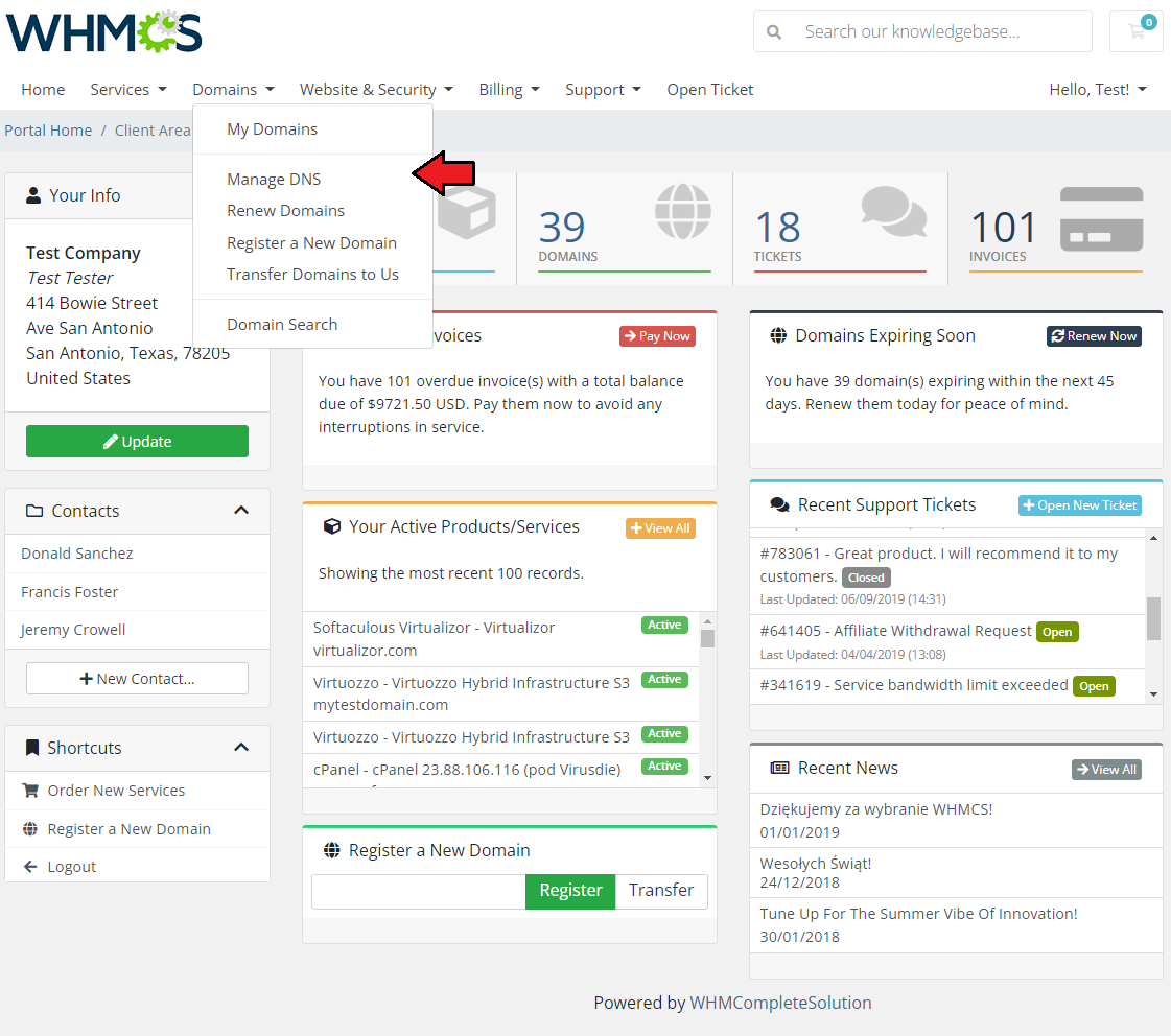 DNS Manager For WHMCS: WHMCS client area Domains menu with the Manage DNS option