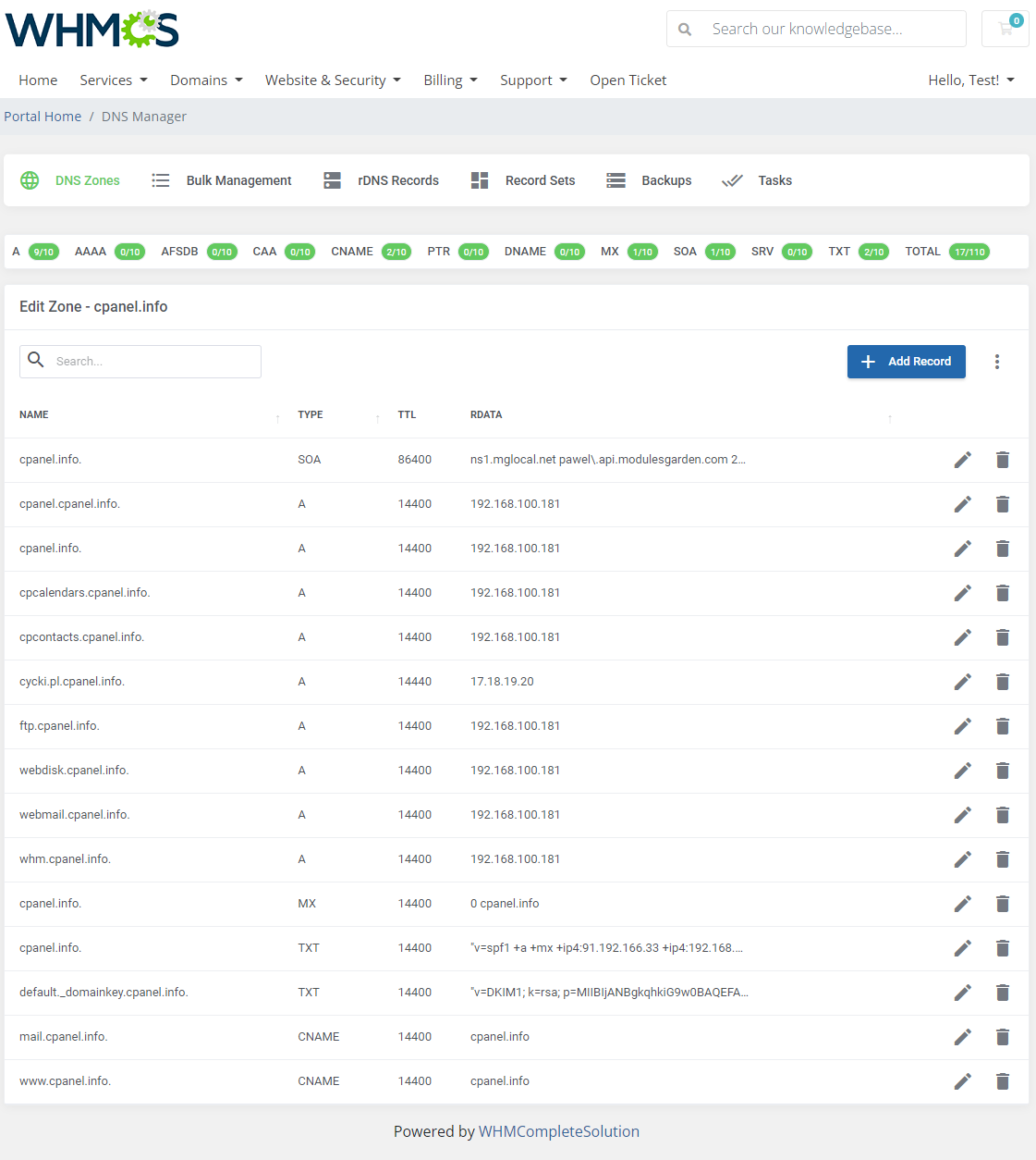 DNS Manager For WHMCS: client area DNS Zones tab, Edit Zone page for cpanel.info with record table and Add Record button
