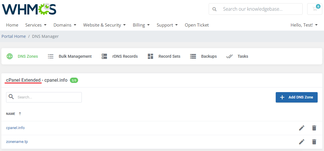DNS Manager For WHMCS: Client area DNS Zones page with the full product name cPanel Extended shown above the zone list