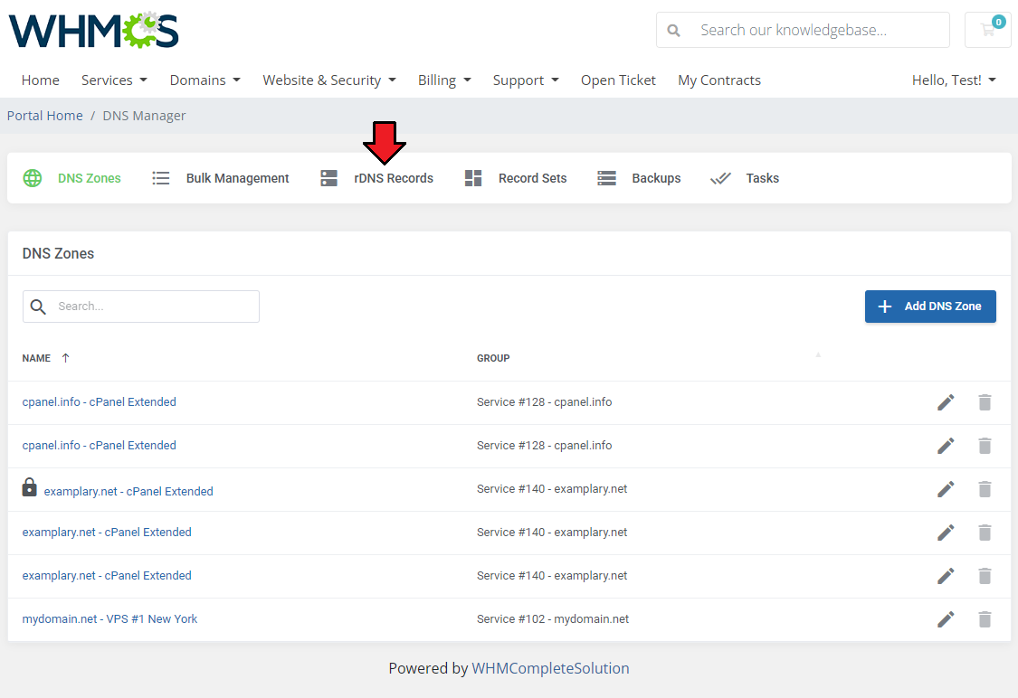 DNS Manager For WHMCS: WHMCS client area DNS Manager page with the rDNS Records tab marked above the DNS Zones list