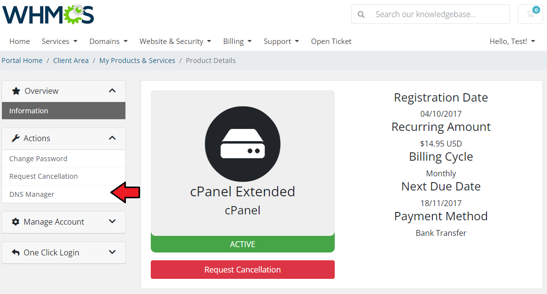 DNS Manager For WHMCS: WHMCS client area product details page with the DNS Manager button in the Actions sidebar menu
