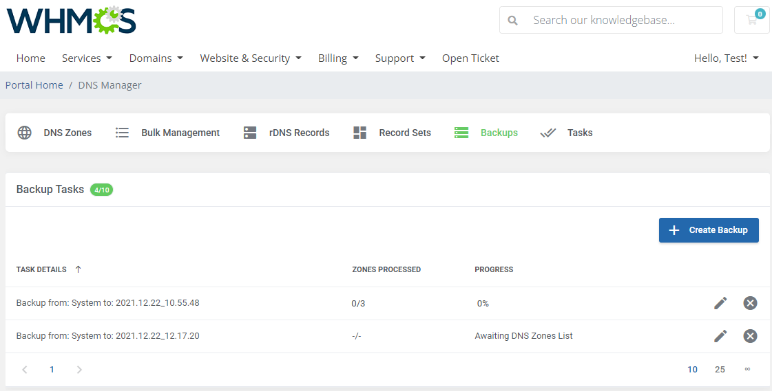 DNS Manager For WHMCS: client area Backup Tasks list with a task showing 0/3 zones processed and 0% progress