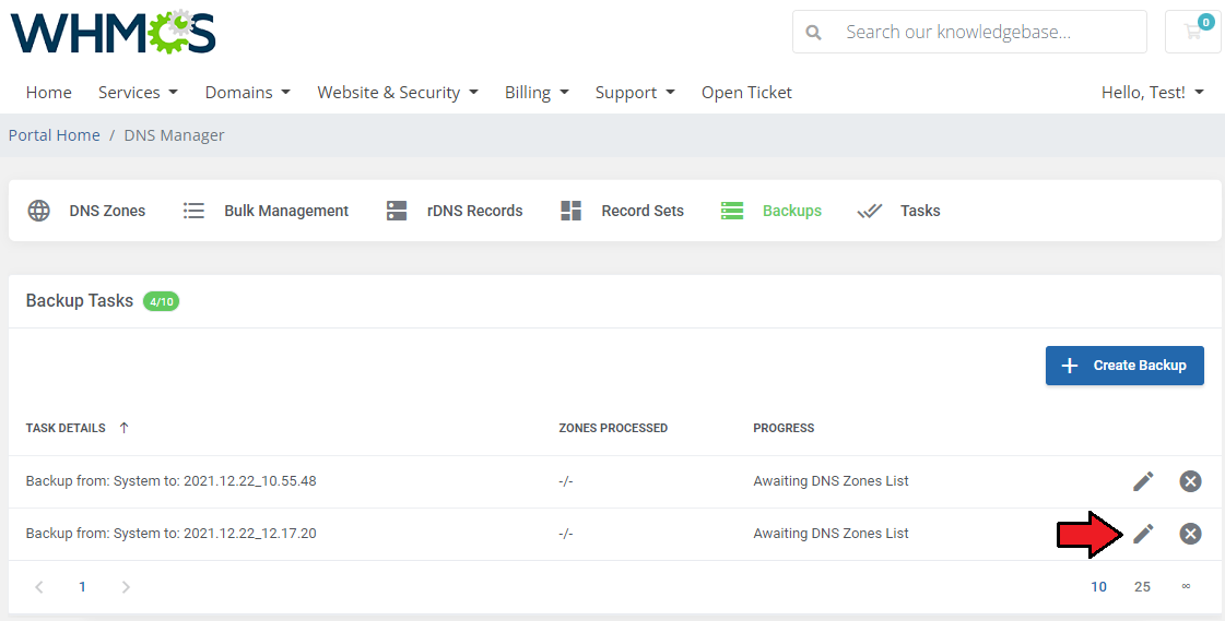 DNS Manager For WHMCS: client area Backup Tasks list with the edit icon of a backup task highlighted