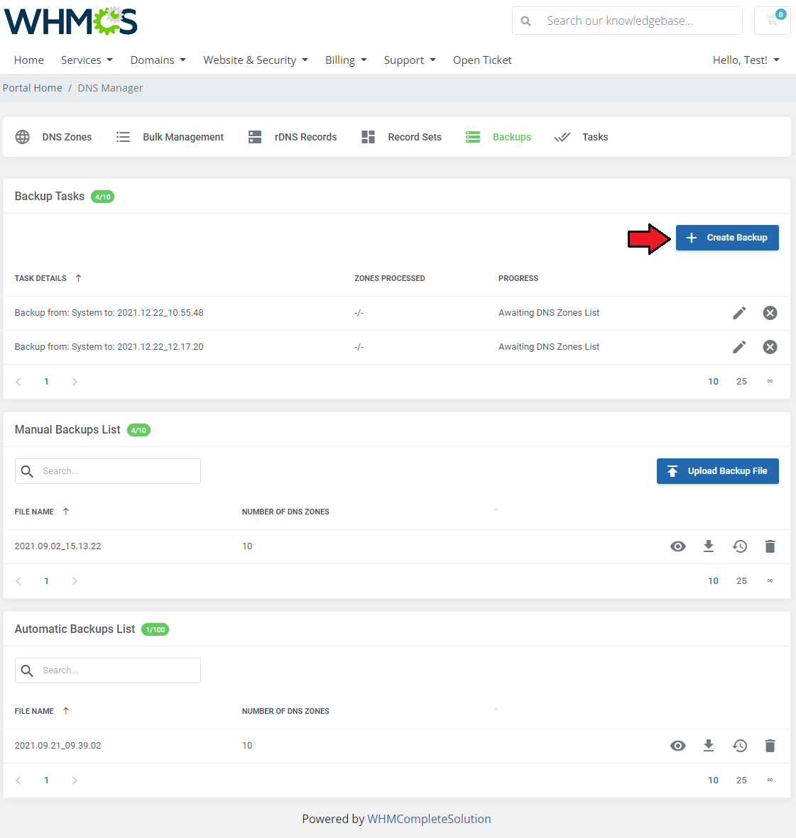 DNS Manager For WHMCS: client area Backups tab with backup tasks and backup lists, Create Backup button highlighted