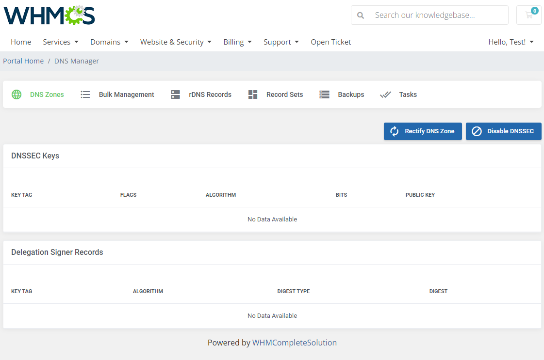 DNS Manager For WHMCS: client area DNSSEC page with Rectify DNS Zone button, DNSSEC Keys and Delegation Signer Records