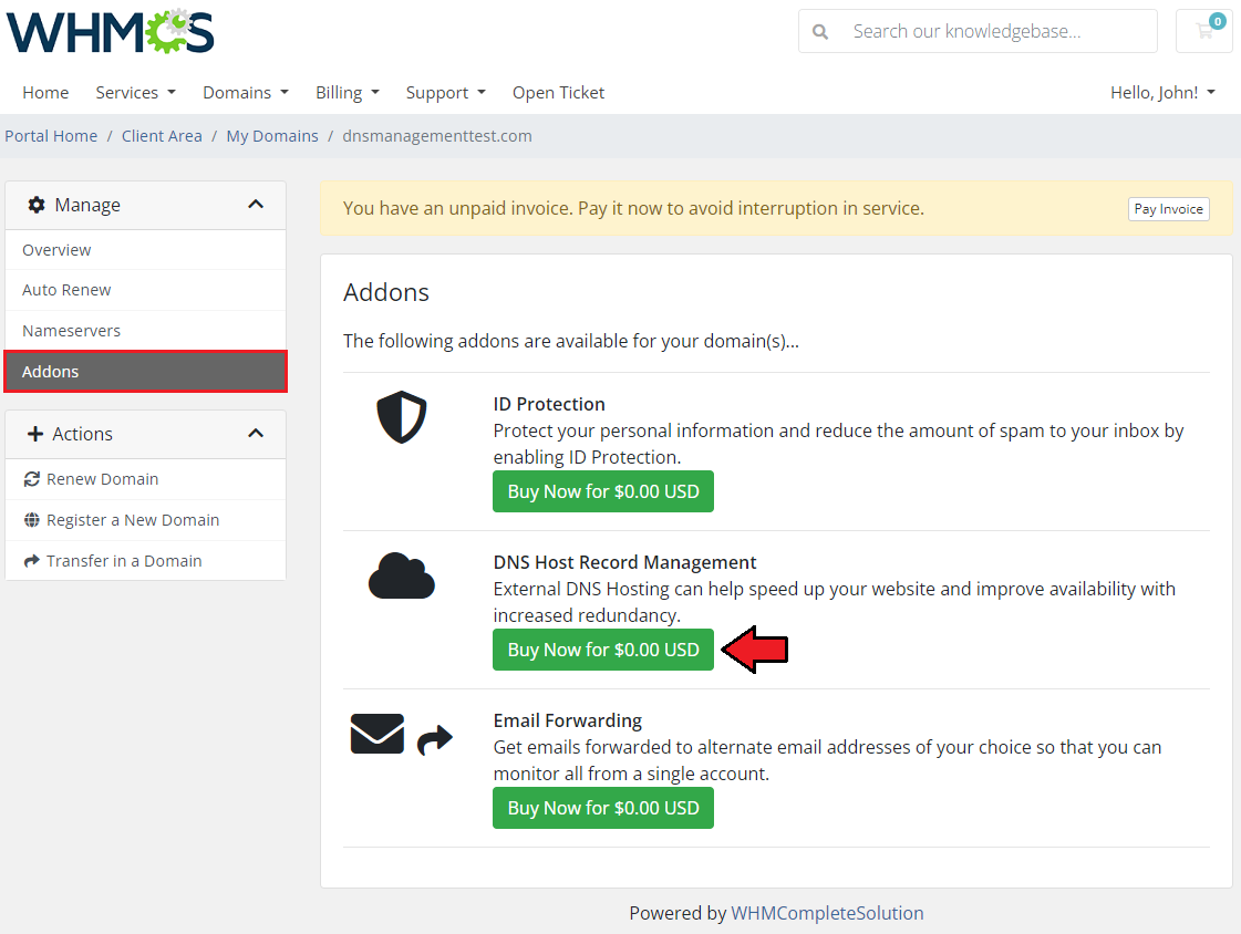 DNS Manager For WHMCS: WHMCS client area domain Addons page with the DNS Host Record Management Buy Now button