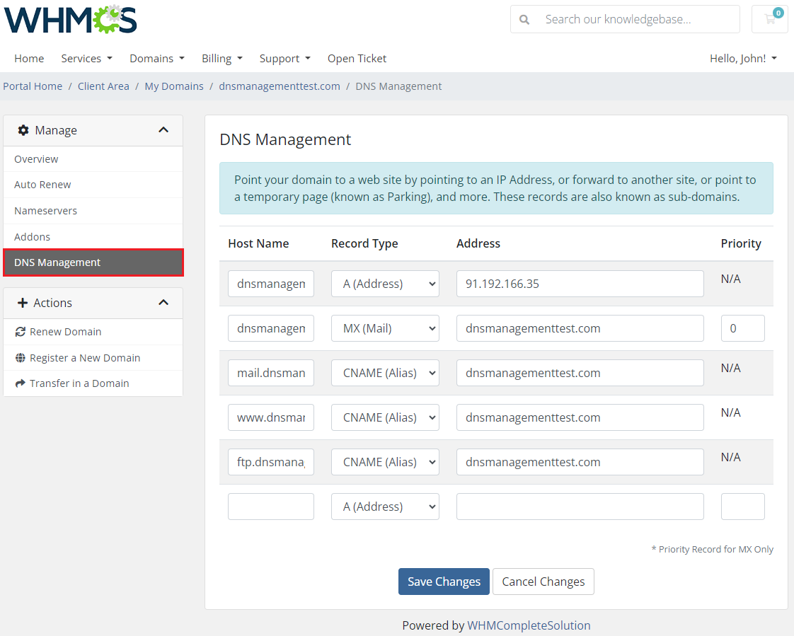 DNS Manager For WHMCS: WHMCS client area DNS Management page for a domain with host name, record type and address rows
