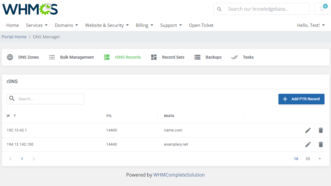 DNS Manager For WHMCS: client area rDNS Records list showing the newly added PTR record with edit and delete icons