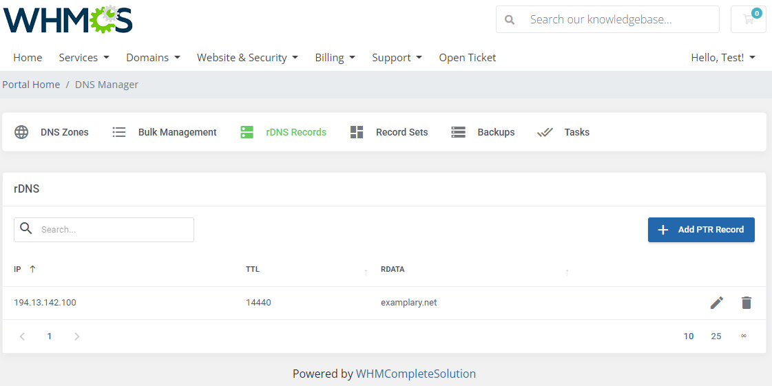 DNS Manager For WHMCS: client area rDNS Records tab with the PTR record list and Add PTR Record button