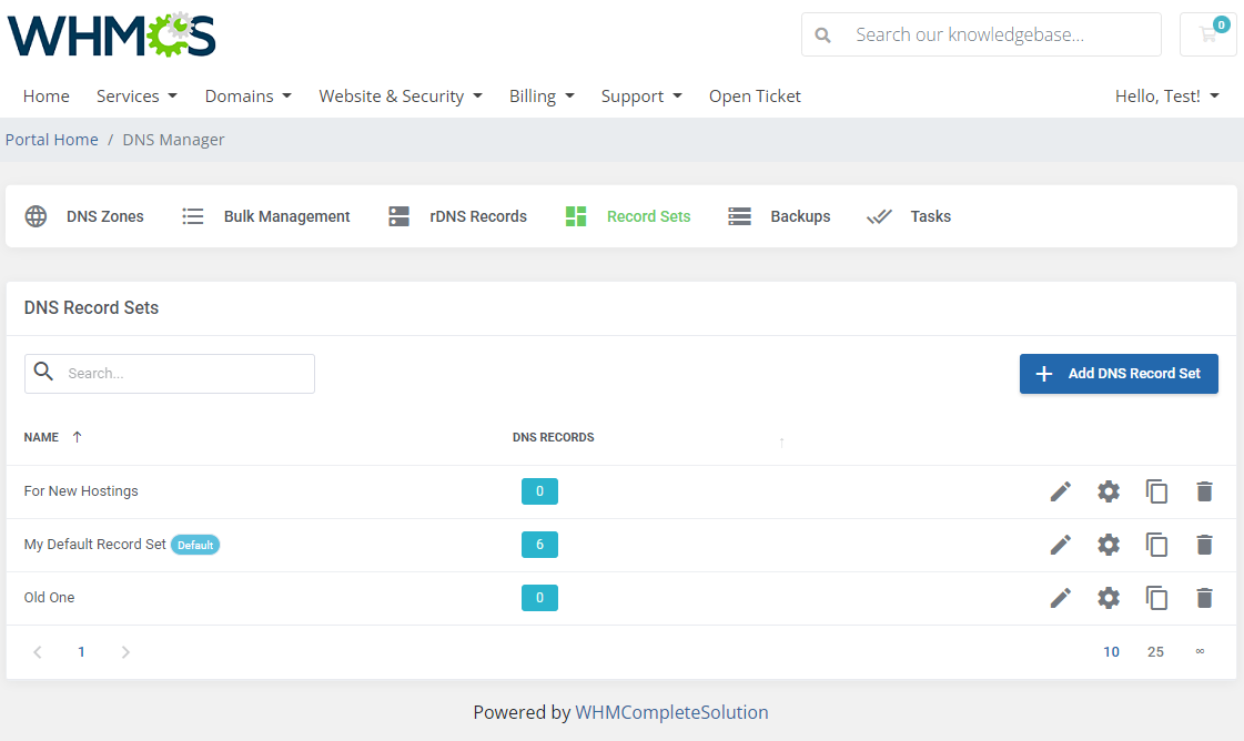 DNS Manager For WHMCS: client area Record Sets tab with the DNS Record Sets list and Add DNS Record Set button