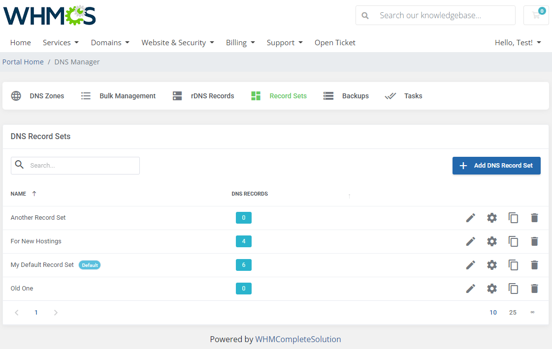 DNS Manager For WHMCS: client area DNS Record Sets list including the newly created record set with action icons
