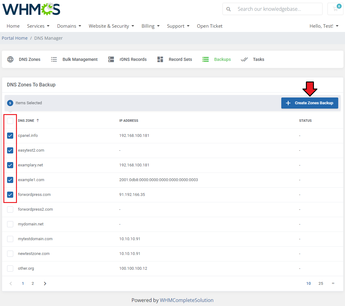 DNS Manager For WHMCS: DNS Zones To Backup list with five zones selected and the Create Zones Backup button