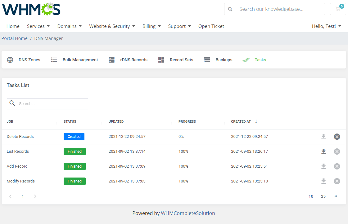 DNS Manager For WHMCS: client area Tasks tab with the Tasks List showing job names, statuses and progress