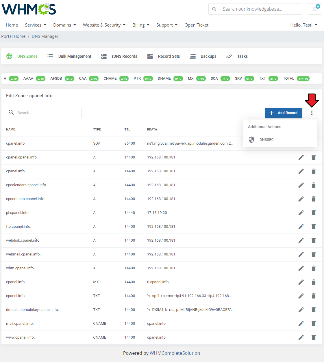 DNS Manager For WHMCS: client area Edit Zone page with the Additional Actions menu and DNSSEC option opened