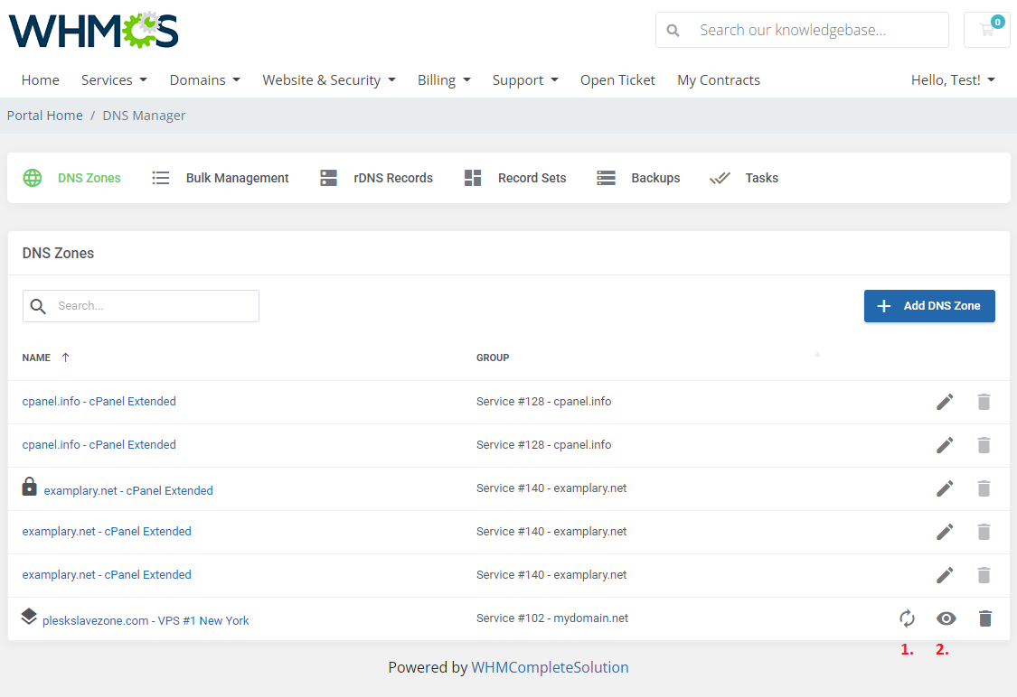 DNS Manager For WHMCS: client area DNS Zones list with refresh and preview icons shown for a slave zone