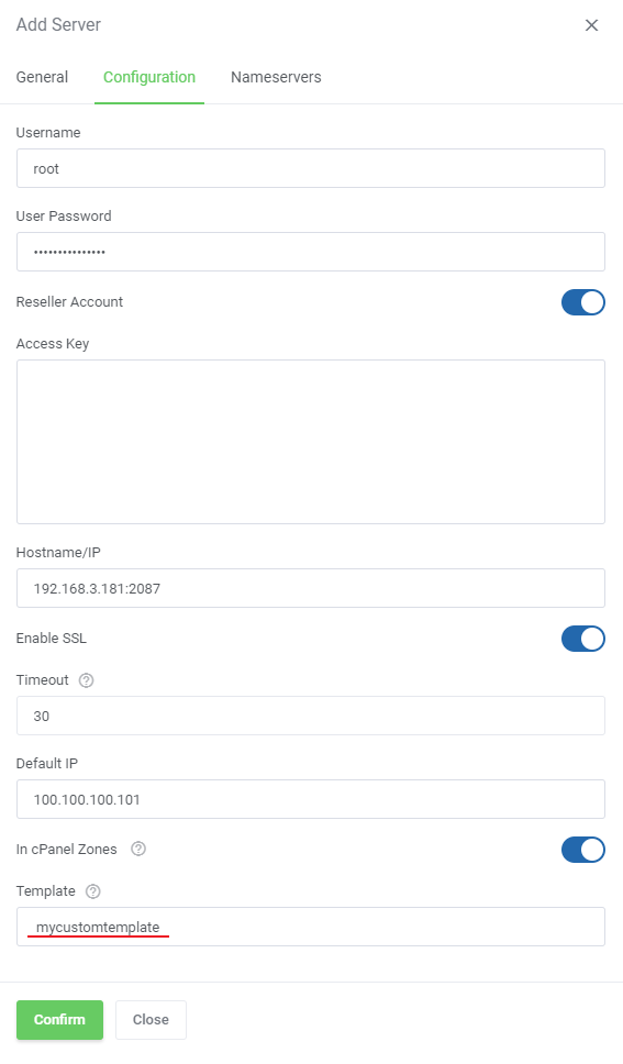 DNS Manager For WHMCS: Add Server dialog on the Configuration tab with the cPanel zone Template field filled in