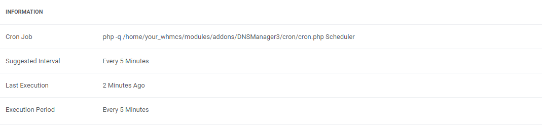 DNS Manager For WHMCS: Cron information box showing the scheduler command, suggested interval and last execution