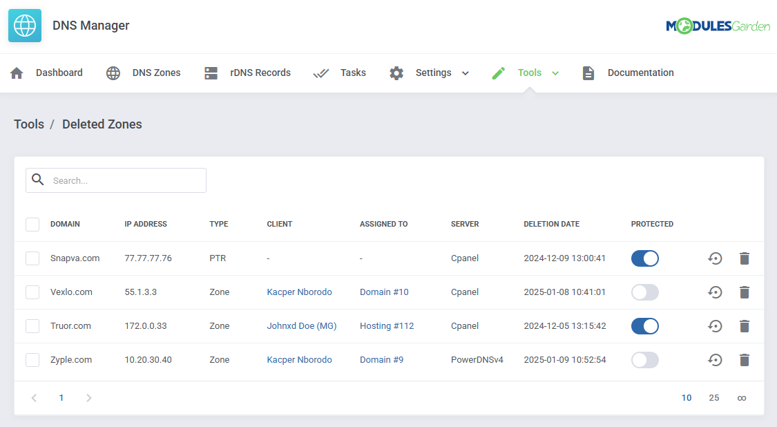 DNS Manager For WHMCS: Tools Deleted Zones list with domain, type, client, server, deletion date and Protected toggles