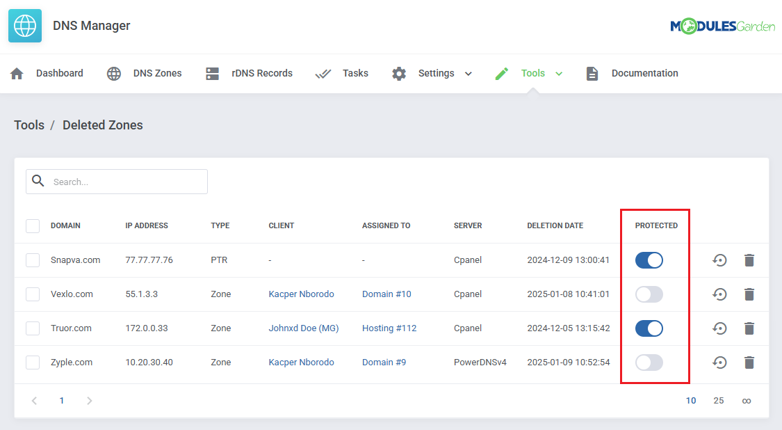 DNS Manager For WHMCS: Deleted Zones list with the Protected toggle column highlighted with a red frame