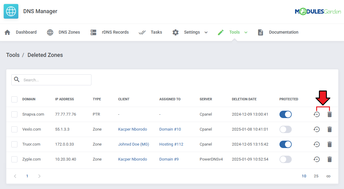 DNS Manager For WHMCS: Deleted Zones list with the restore and delete action icons marked with an arrow