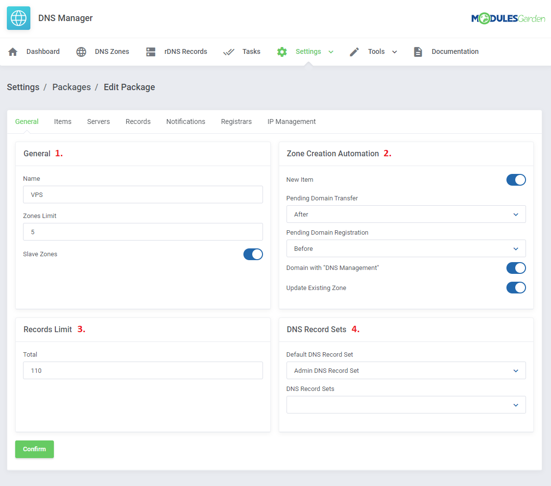 DNS Manager For WHMCS: Edit Package General tab with zone limit, zone creation automation, records limit and record sets