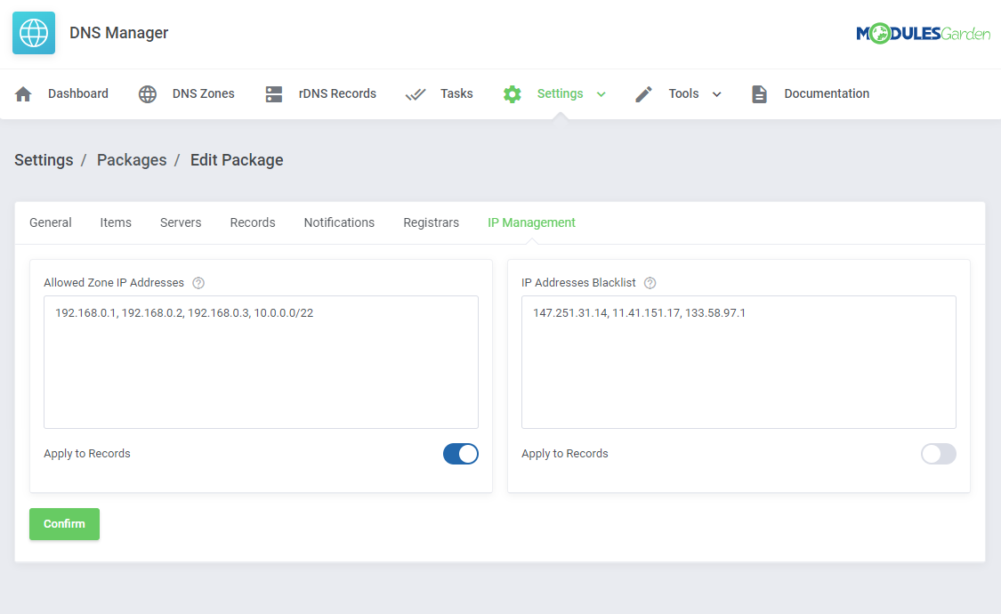 DNS Manager For WHMCS: Edit Package IP Management tab with allowed zone IP addresses and the IP blacklist