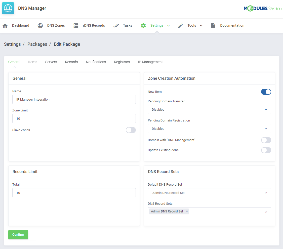 DNS Manager For WHMCS: Edit Package page on the General tab for an IP Manager Integration package with zone and record