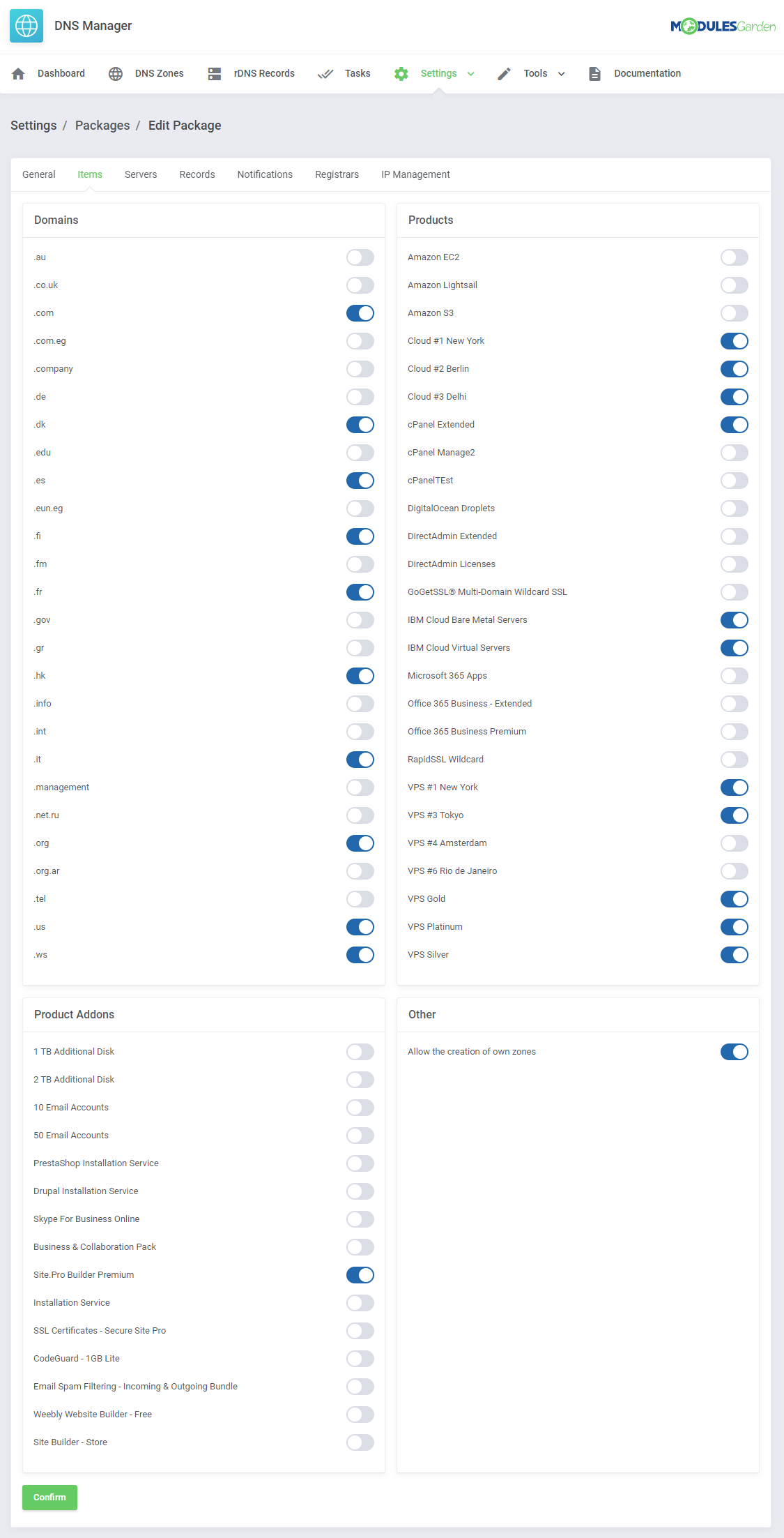 DNS Manager For WHMCS: Edit Package Items tab with switches for domains, products, product addons and other options
