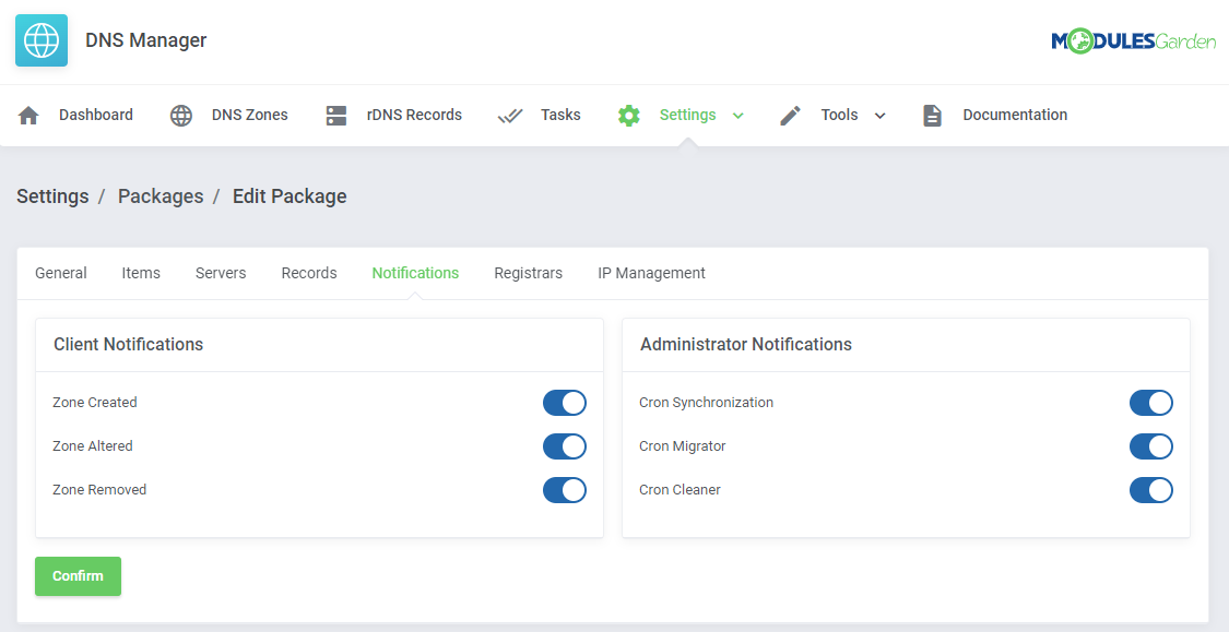 DNS Manager For WHMCS: Edit Package Notifications tab with client and administrator notification switches