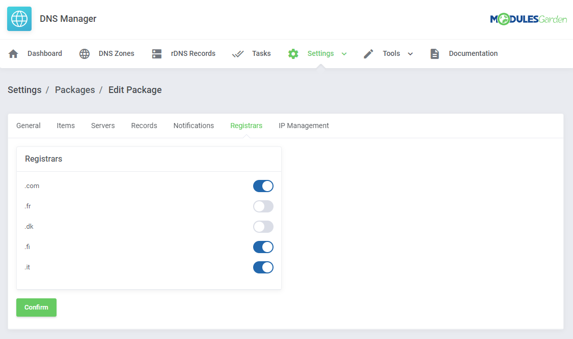 DNS Manager For WHMCS: Edit Package Registrars tab with switches for TLDs that get DNS management
