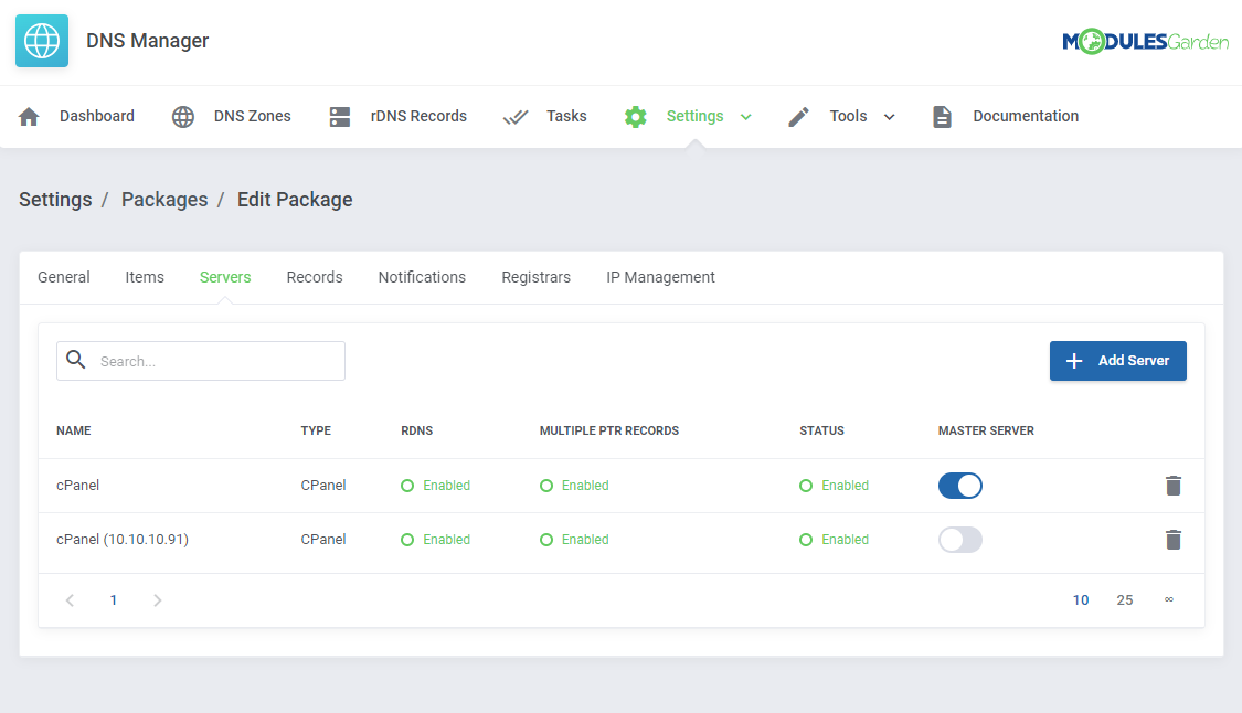 DNS Manager For WHMCS: Edit Package Servers tab with the server list and the master server switch