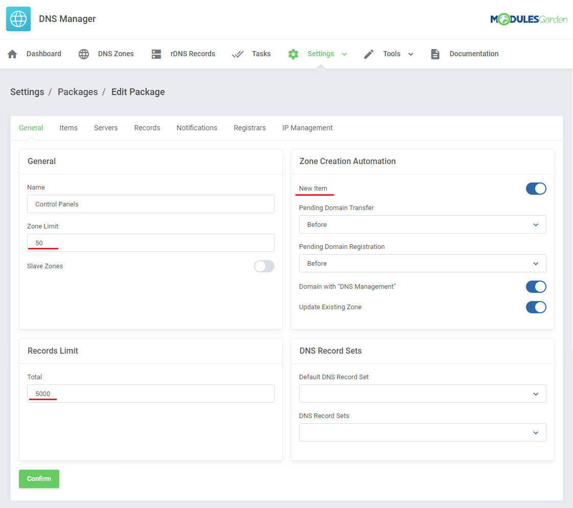 DNS Manager For WHMCS: Edit Package General tab with zone limit, records limit and New Item zone creation enabled