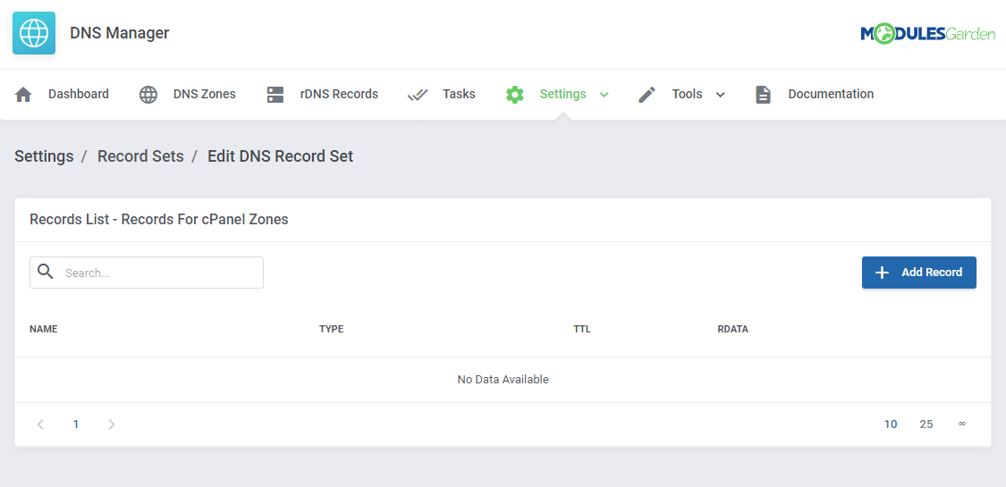 DNS Manager For WHMCS: Edit DNS Record Set page with an empty records list and the Add Record button