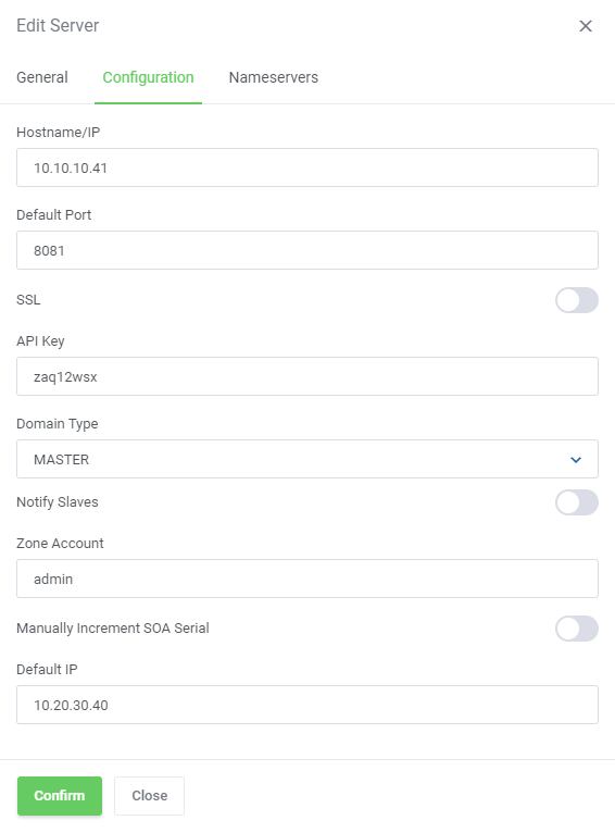 DNS Manager For WHMCS: Edit Server dialog Configuration tab for PowerDNSv4 with host, port, API key and domain type
