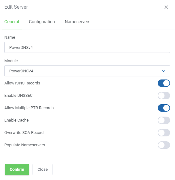 DNS Manager For WHMCS: Edit Server dialog General tab for a PowerDNSv4 server with its switches